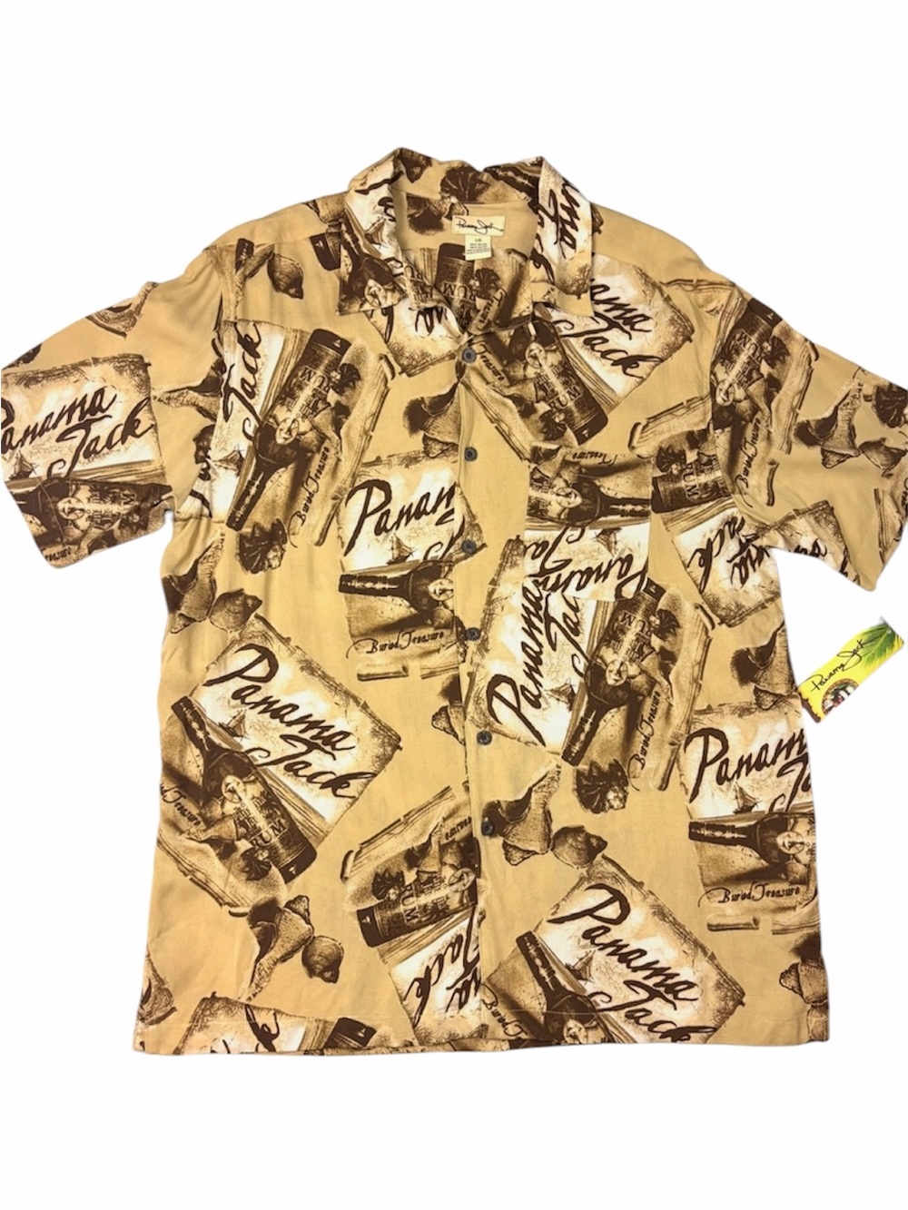 NWT Panama Jack Rayon Vintage Hawaiian Tan Spiced Rum Bottle Aloha (L)